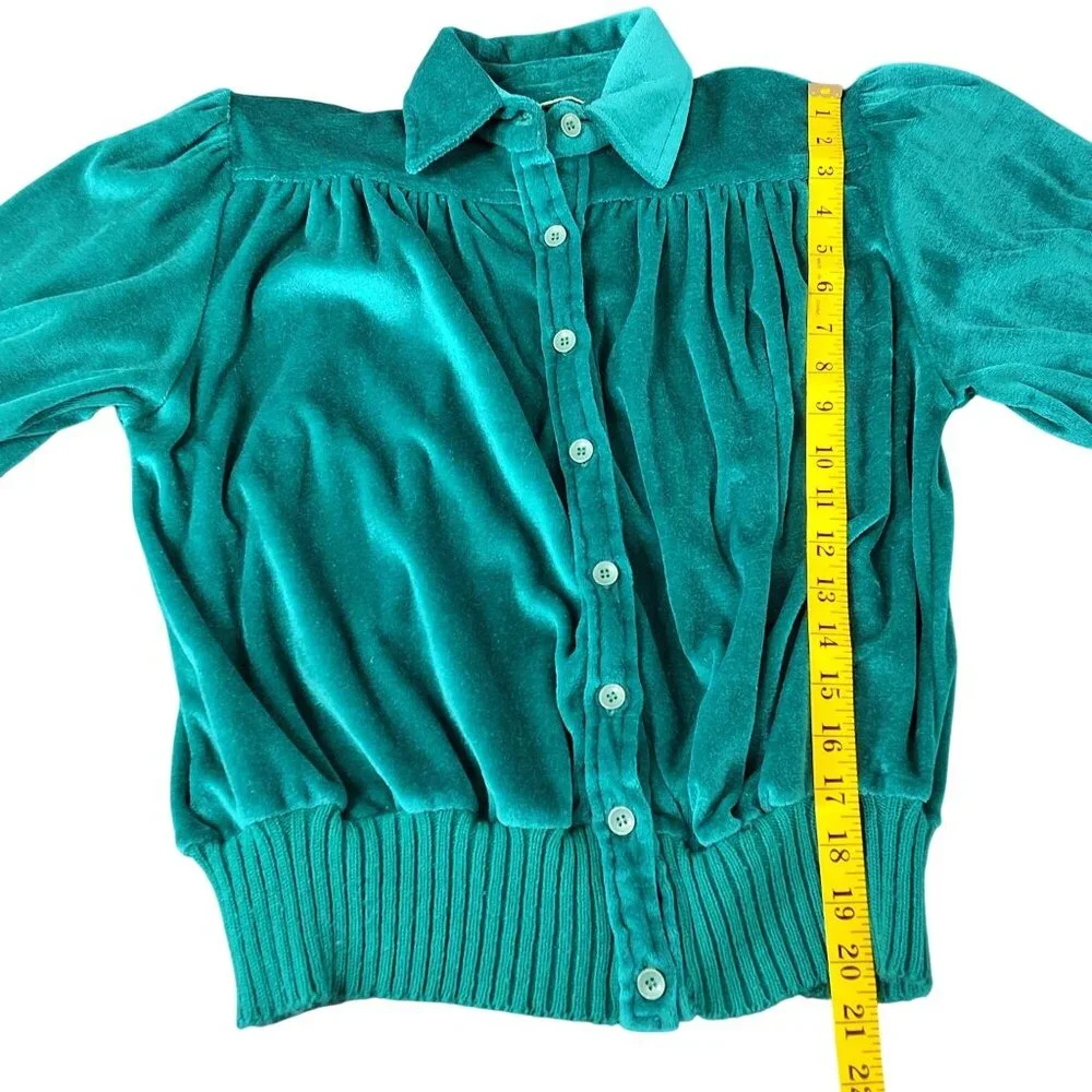 Vintage Fashion Bug 70/80's Teal Velour Button Up Top Ribbed Band 3/4 Sleeve Med - Picture 8 of 10